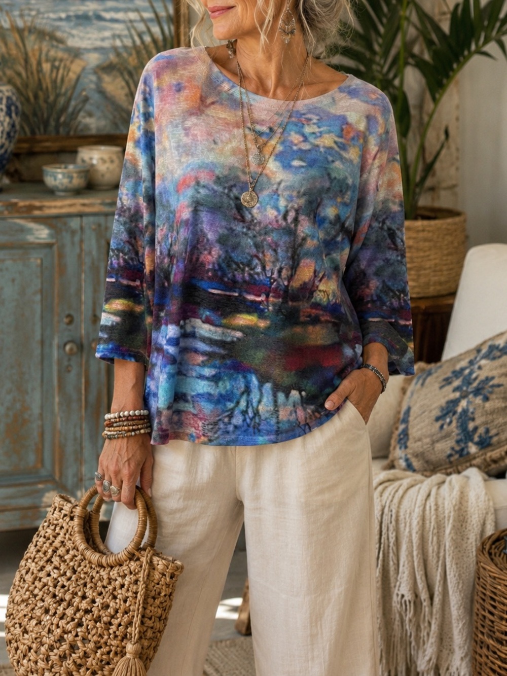 FDJ Abstract Landscape Print Top Medium 3/4 Sleeve Boatneck Wearable Art Blouse